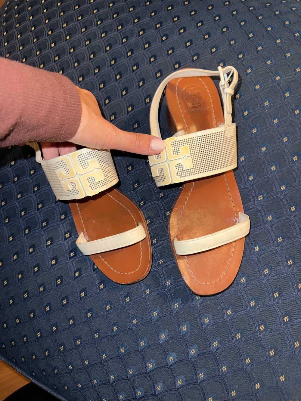 Tory Burch Cream Leather Logo Strap Sandals
